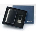 Black PU Leatherette Metal Card Case with Matching Black Money Clip in Box